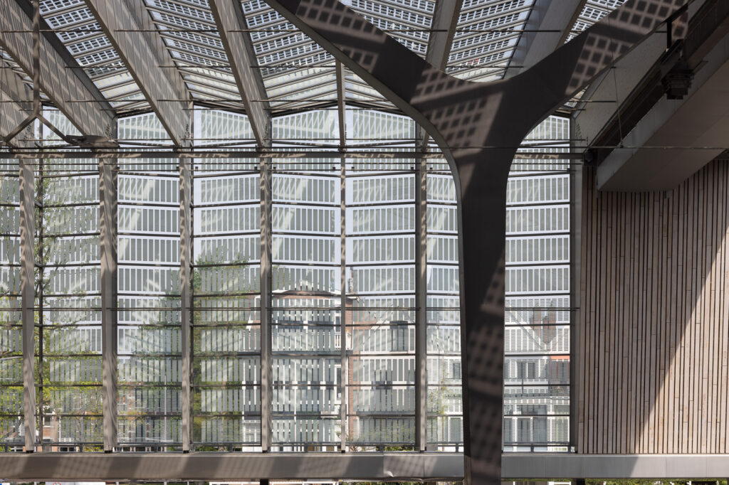 black-t-shaped-column-with-glass-facade-behind